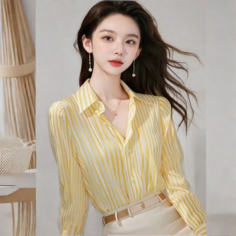 黄色条纹长袖衬衫春装女2025年新款气质小衫时尚洋气时髦早秋上衣