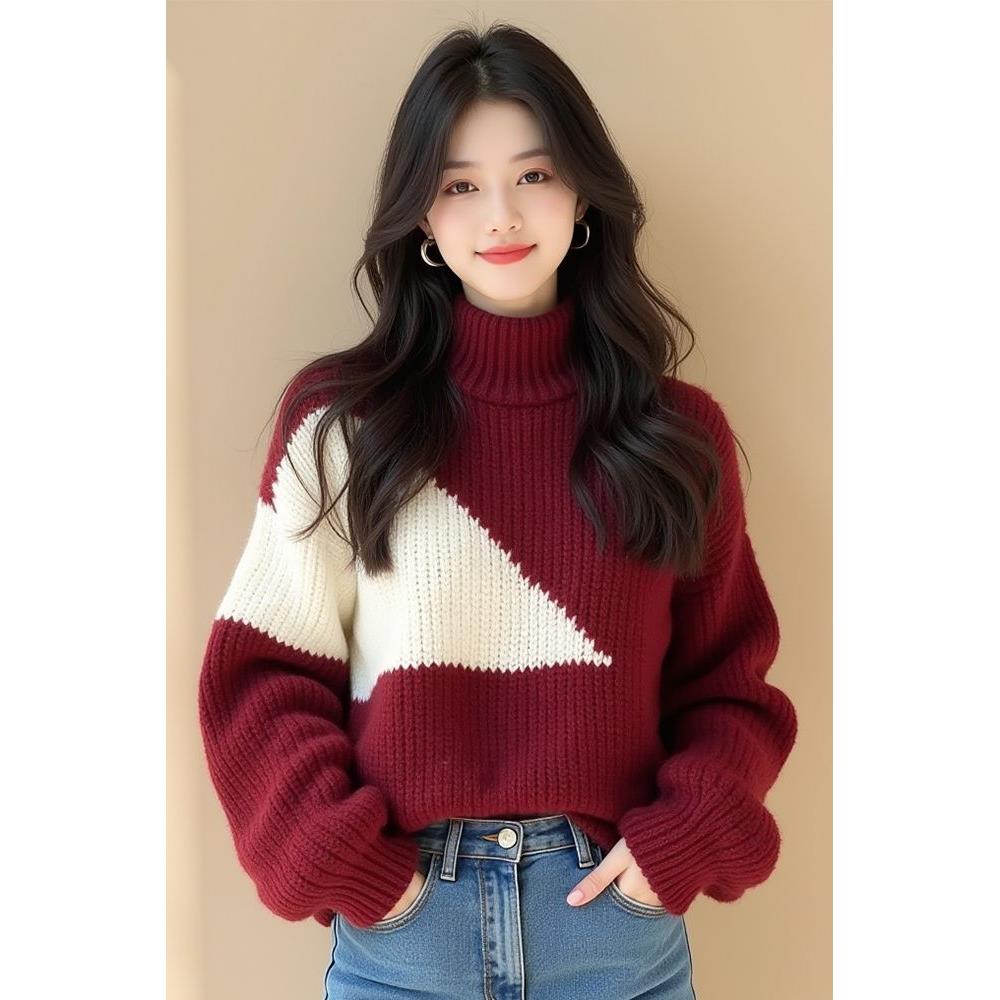 酒红色撞不规则粗线高领毛