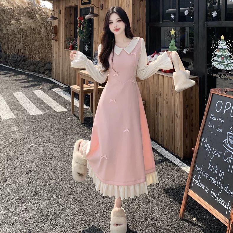 大码甜美蝴蝶结娃领长袖毛