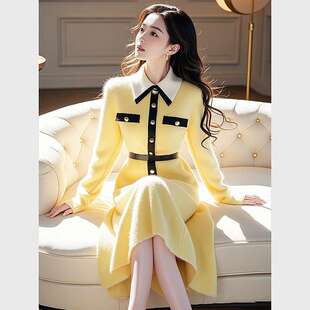 法式 加厚内搭打底针织长裙 小香风收腰黄色毛衣连衣裙外穿2025冬季