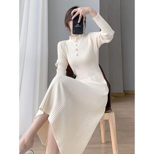 针织连衣裙女秋冬新款 收腰显瘦气质设计感内搭毛衣长裙 半高领法式