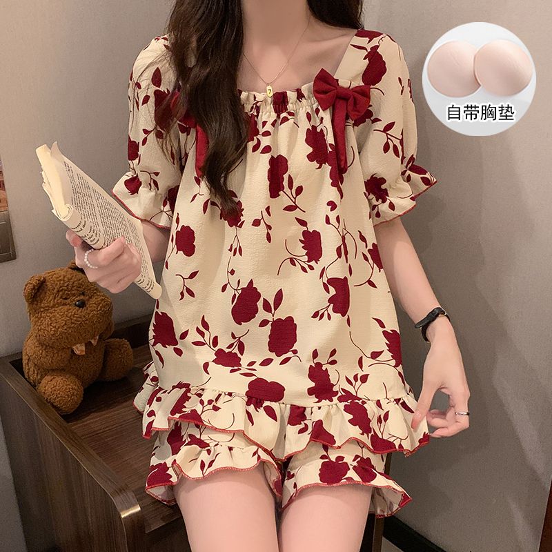 带胸垫睡衣女款夏天短袖薄款防凸点可爱蝴蝶结甜美夏季套装家居服