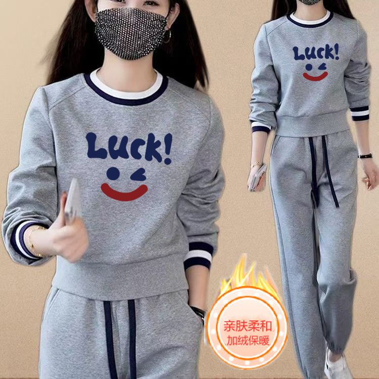 秋冬加绒加厚休闲运动服棉套装女学生新款百搭卫衣小脚裤两件套潮