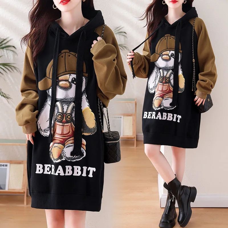 2023加绒加厚秋冬连帽中长款大码卡通卫衣连衣裙胖MM特大码300斤