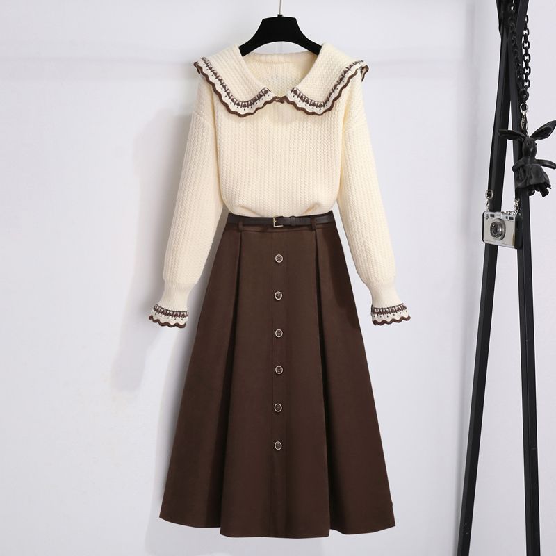 套装新款针织小众小香风宽松加厚娃娃领毛衣连衣裙两件套