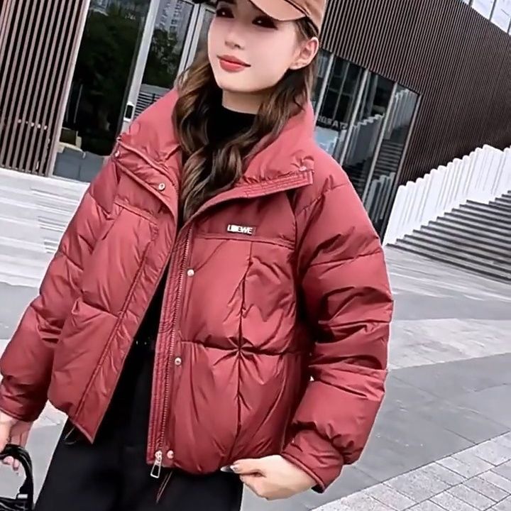 安哥拉红羽绒棉服女短款冬