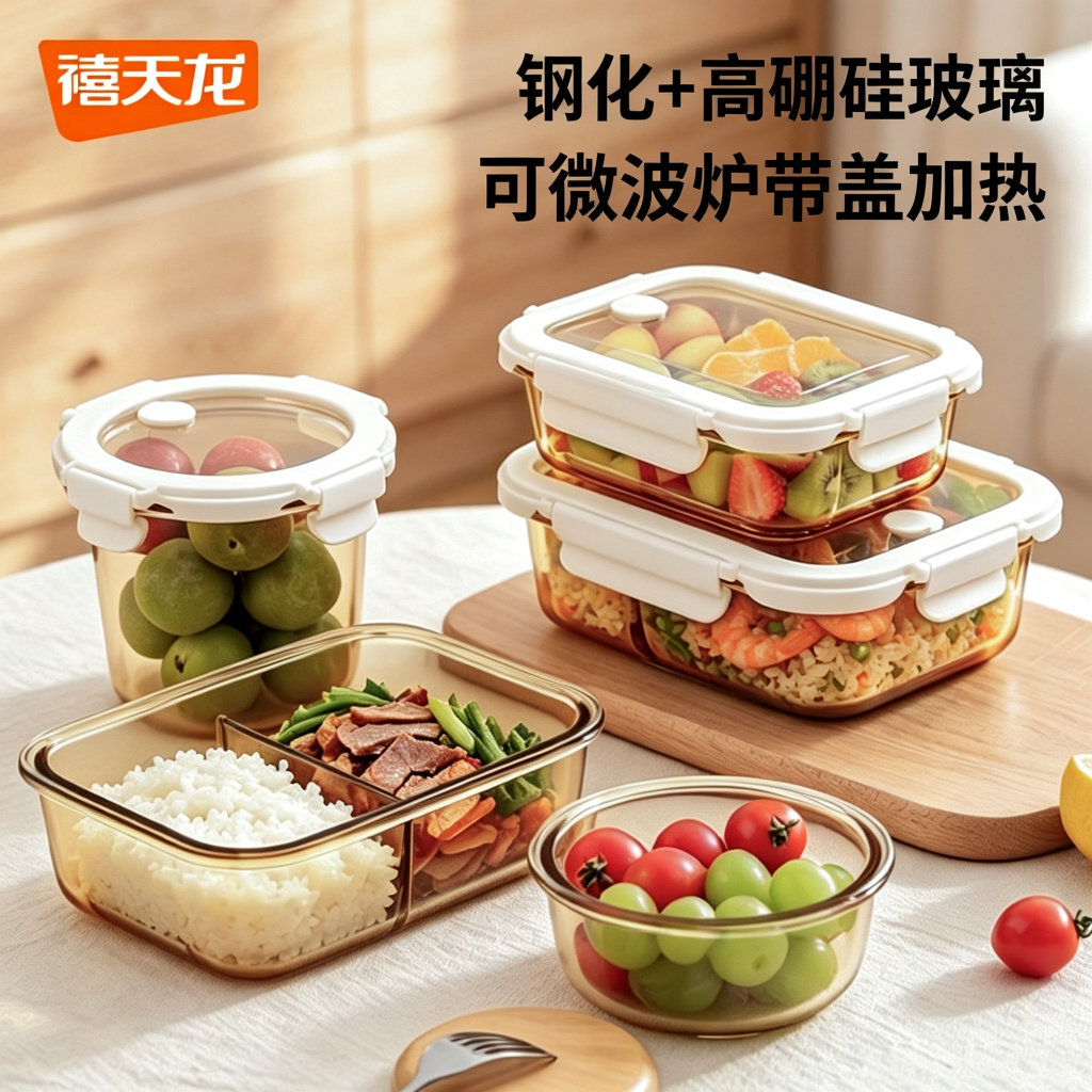禧天龙玻璃饭盒微波炉整盒加热保鲜盒食品级微波炉加热专用饭盒