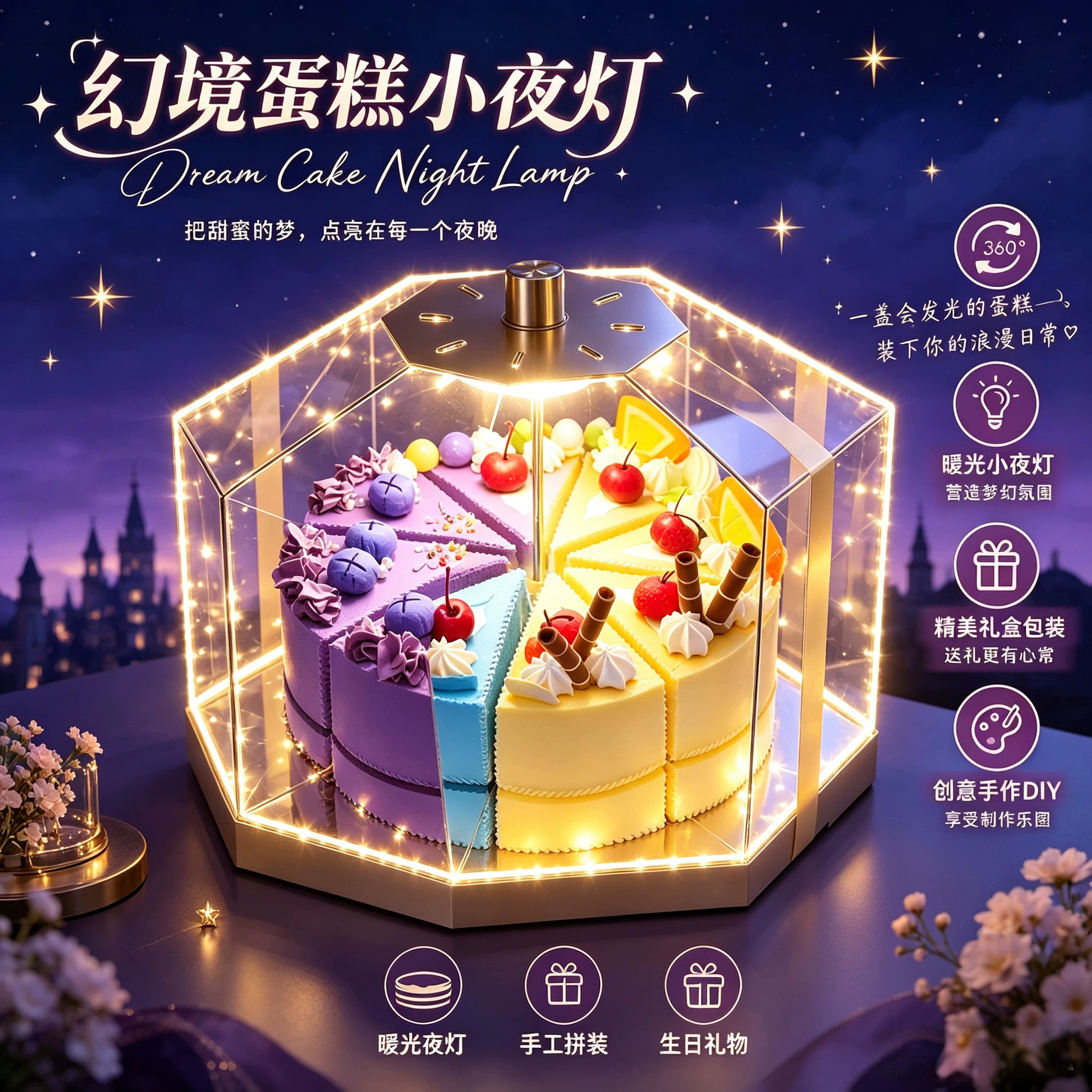 旋转蛋糕小夜灯幻影镜子不织布创意diy材料制作玩具幻境蛋糕夜灯