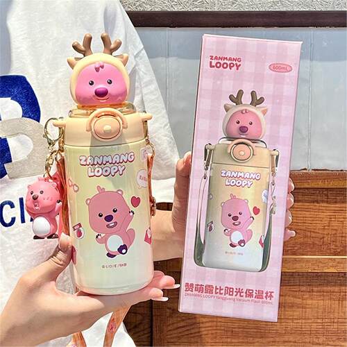 loppy露比保温杯女生不锈钢吸管水壶库洛米儿童水杯蜡笔小新杯子