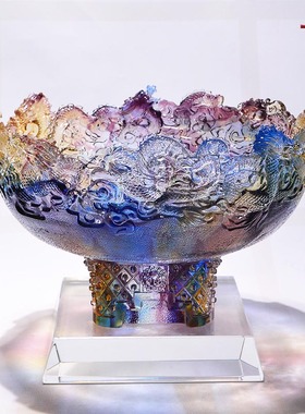 琉璃工艺品客厅隔断装饰茶几收纳博物架艺术品水晶九龙聚宝盆摆件