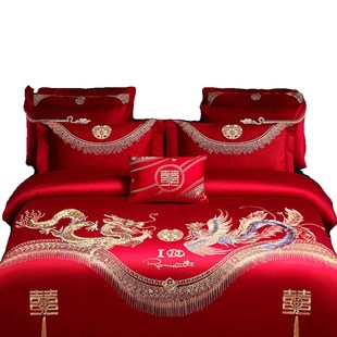 140S缎面全棉婚礼四件套大红色婚礼套新婚床床单被套婚礼床上用品