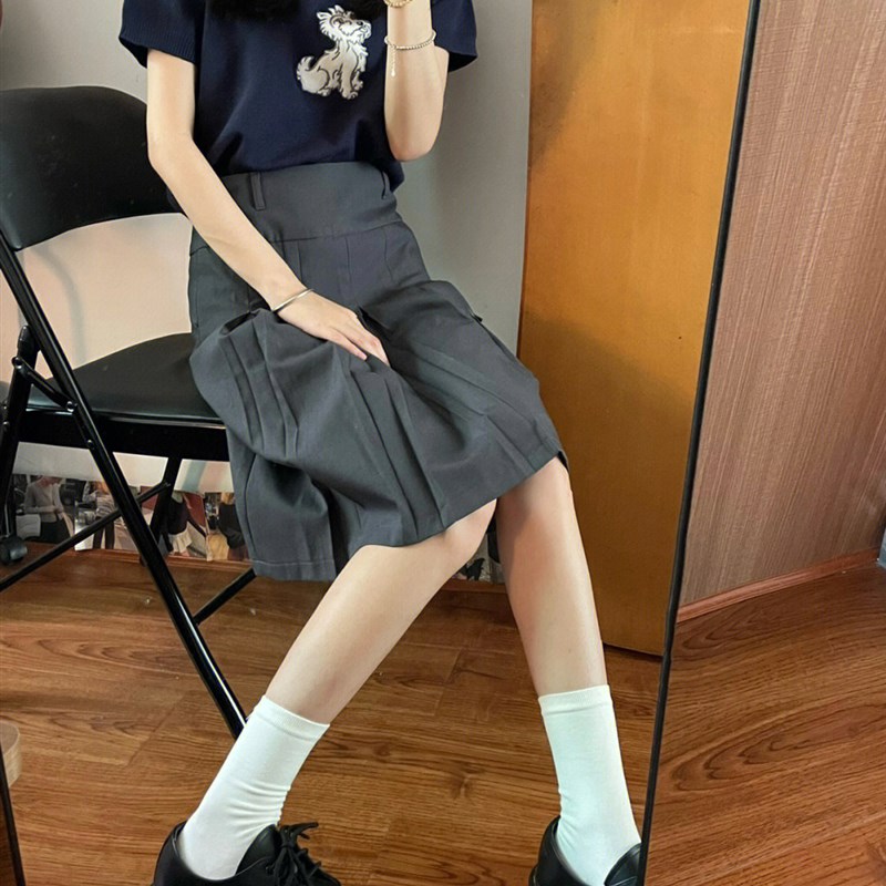 复古深灰色百褶半身裙女夏季学院风高腰中长款a字裙西装裙子春秋