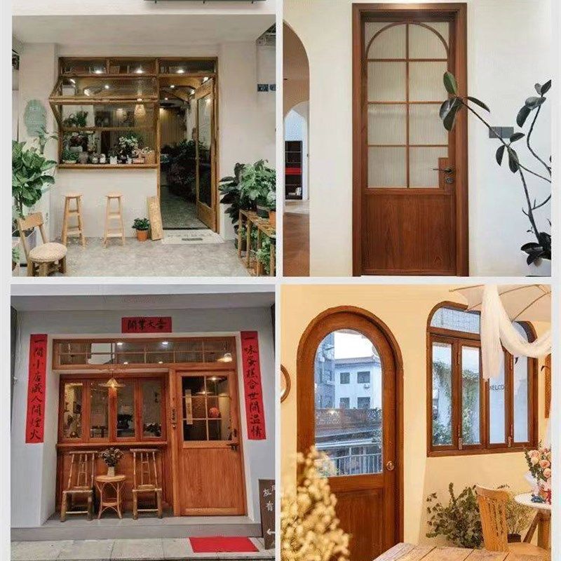 实木玻璃门窗定制折叠推拉t咖啡店木门店铺移门定做美式原木风门