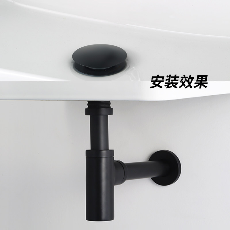 洗手盆下水管入墙式洗脸池配件排水器套装全铜防臭黑色墙排下水管