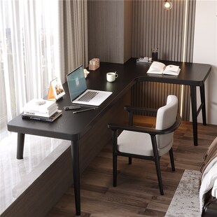 实木家用飘窗转角书桌卧室L型电脑桌学生窗台黑色双人Z办公写字桌