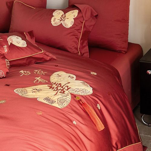 浪漫婚庆100S长绒棉四件套红色喜刺绣中式流苏结婚纯棉被套床品