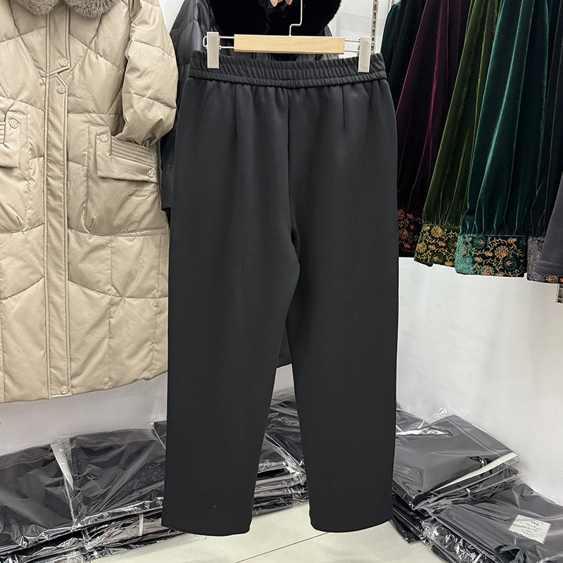 中年妈妈秋冬新款松紧腰直筒裤女2024年休闲加绒小脚运动裤咖啡色