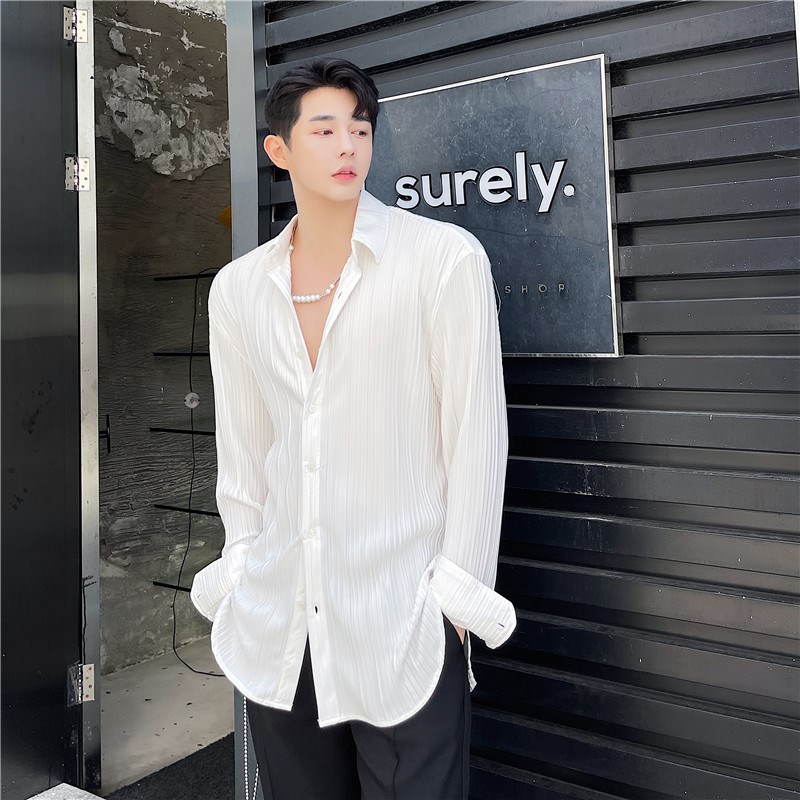 春夏很仙的衬衫男长袖宽松韩x版个性时尚压皱设计感网红坠垂感衬