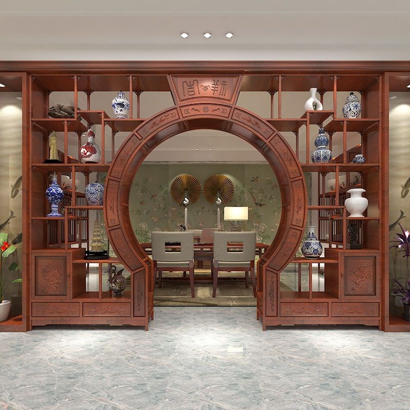 新中式实木客厅月洞门博古架拱门隔断月亮门镂空红木仿古弧形圆门