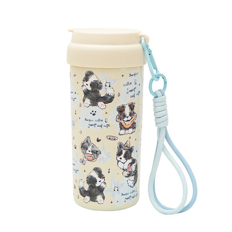 小边牧保温杯陶瓷内胆不锈钢吸管大容量高颜值学生便携水杯双饮口