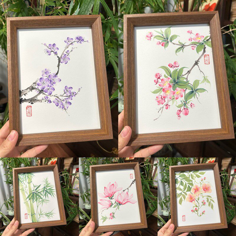 纯手绘国画梅兰竹菊海棠花凌霄花翠G竹子摆台装饰画外国友人礼物