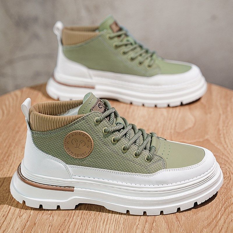 中帮男鞋潮春季增高白色高帮鞋男士厚底小白鞋帆布工装马丁靴男款