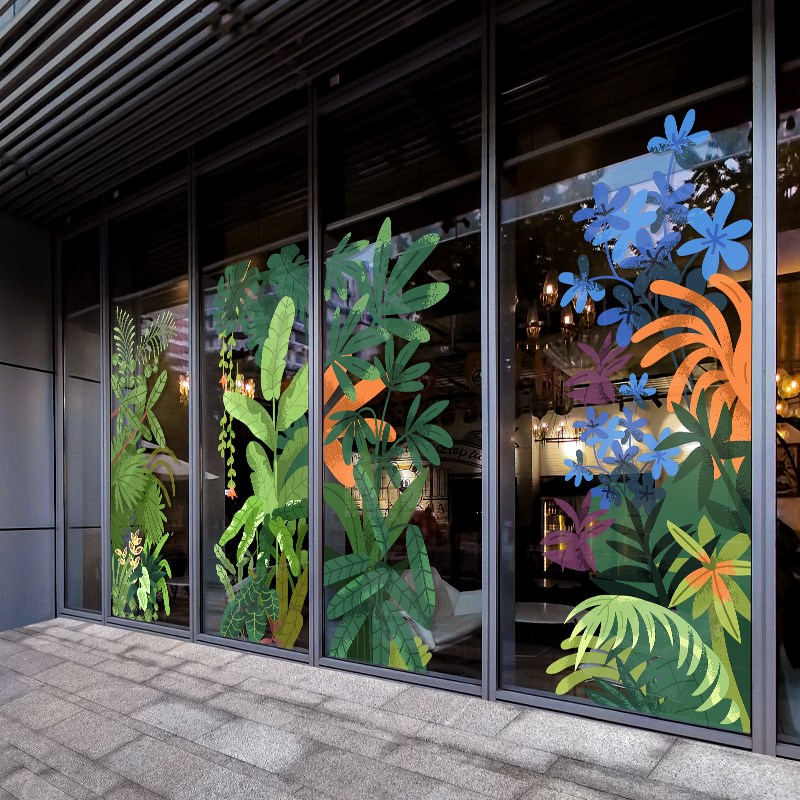 夏季热带绿植玻璃门装饰贴纸咖啡店橱窗I美化氛围植物花卉静电贴