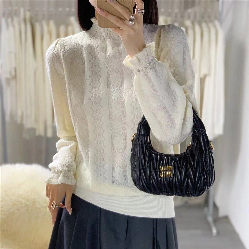 欧货半高领蕾丝打底衫女秋冬2024新款时尚喇叭袖钉珠加厚内搭毛衣