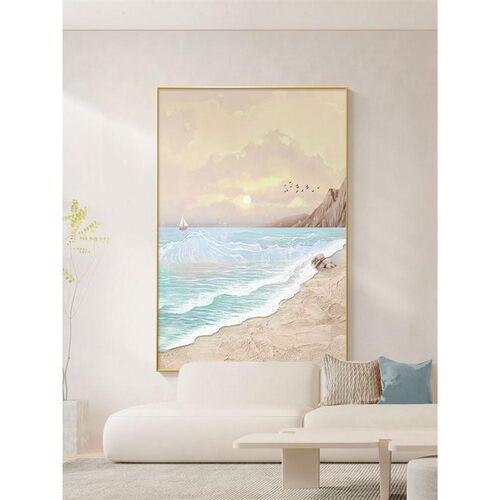 奶油风客厅装饰画现代简t约沙发背景墙挂画海景落地画肌理玄关挂