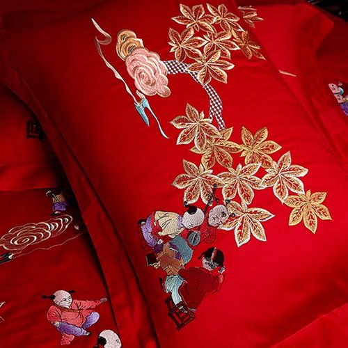 百子图婚庆四件套喜庆大红贡缎刺绣子孙被喜被纯棉百子被结婚用品