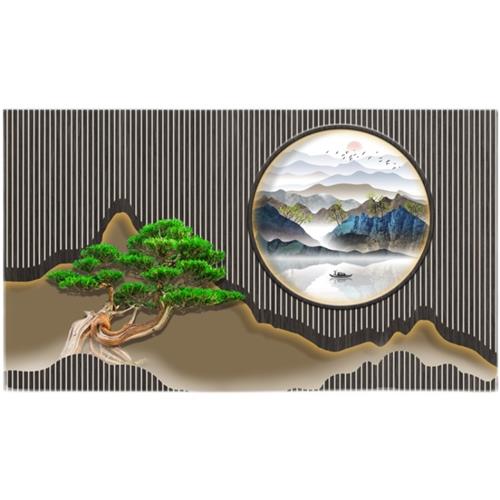 8d新中式e电迎背馆墙纸养生景高级装修背景墙布视客松客厅