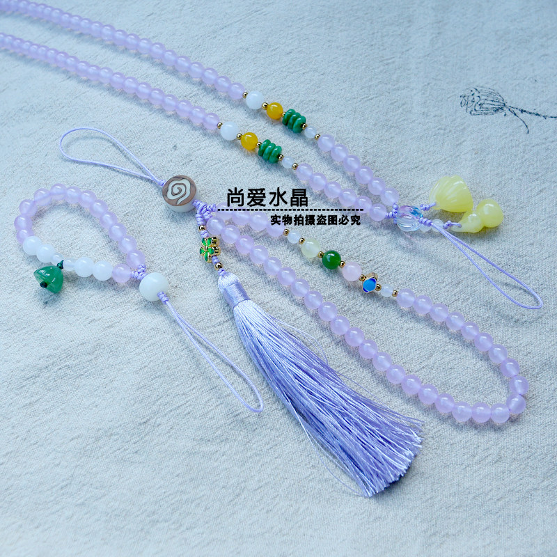 手机链女款可g爱流行p紫色玉髓挂脖流苏挂件绳短手腕多功能扣环饰