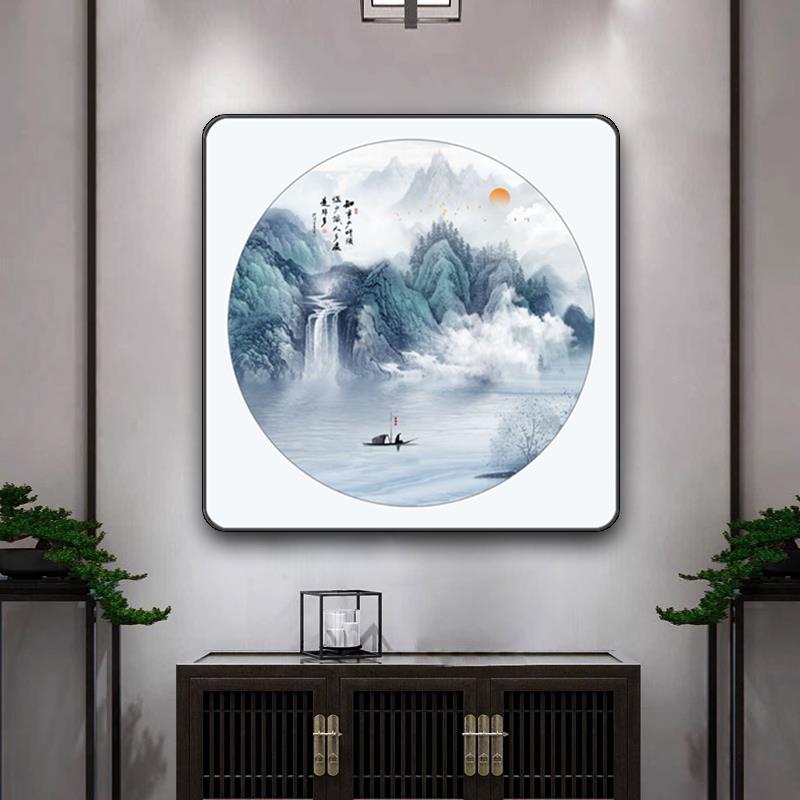 入户玄关装饰画正方形斗方山水挂画新中式壁画办公室书房背景墙画图片