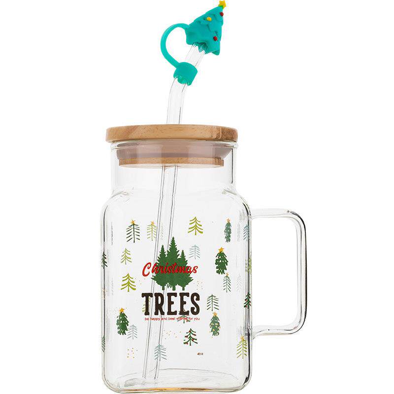 圣诞情侣单层玻璃杯带吸管把手方形水杯女生家用高颜值大容量杯子