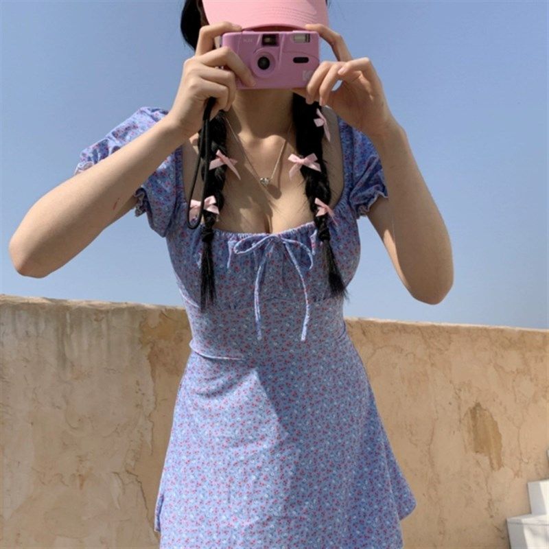 ins风法式碎花游泳衣女保守显瘦少女遮K肚小清新学生连体裙式温泉
