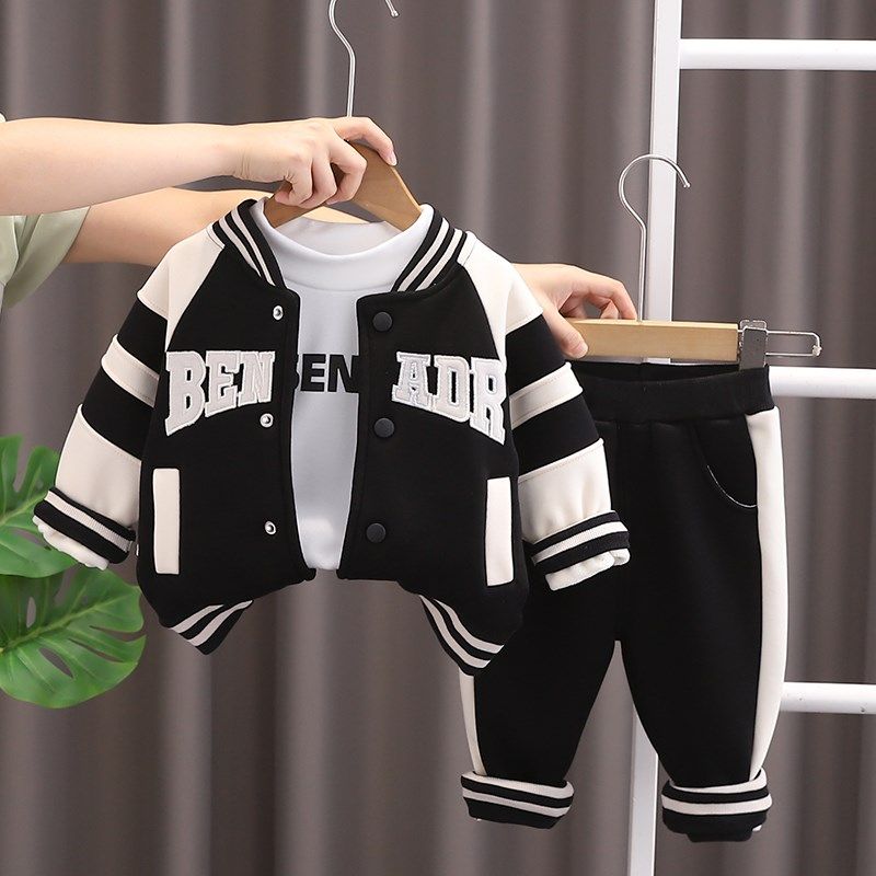 男童秋冬装棒球服套装2024新款休闲宝宝冬季婴儿童一体绒三件套潮
