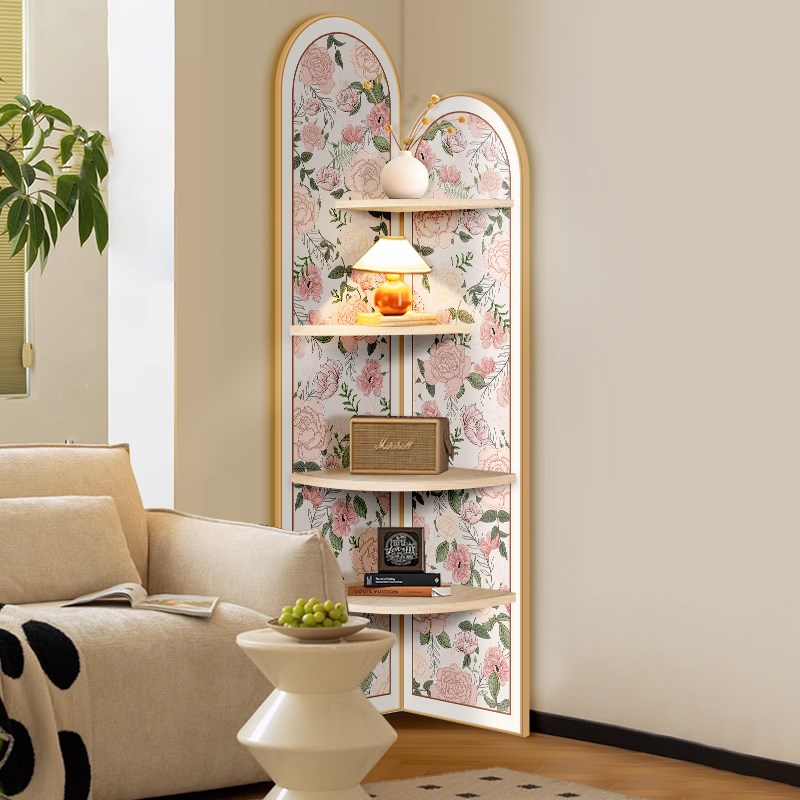 奶油风卧室置物架花卉转角柜落地摆件拐角柜子三角书架床边收纳柜