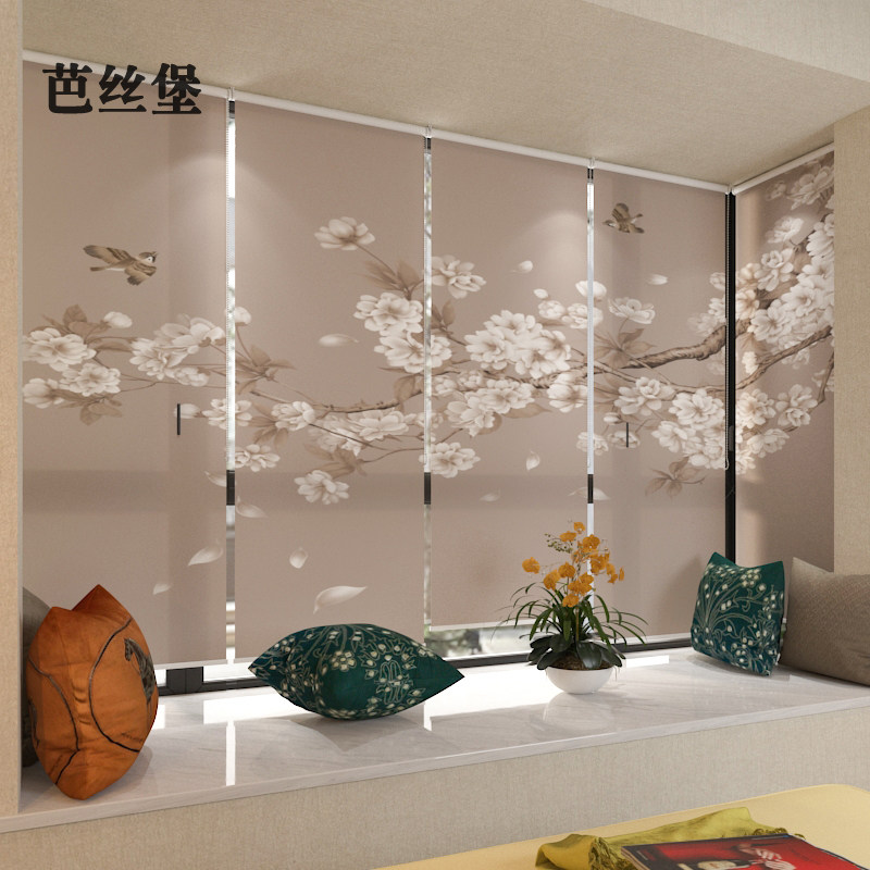 中式软屏风悬挂软隔断客厅窗帘茶室卧室收缩半透明卷帘电动飘窗