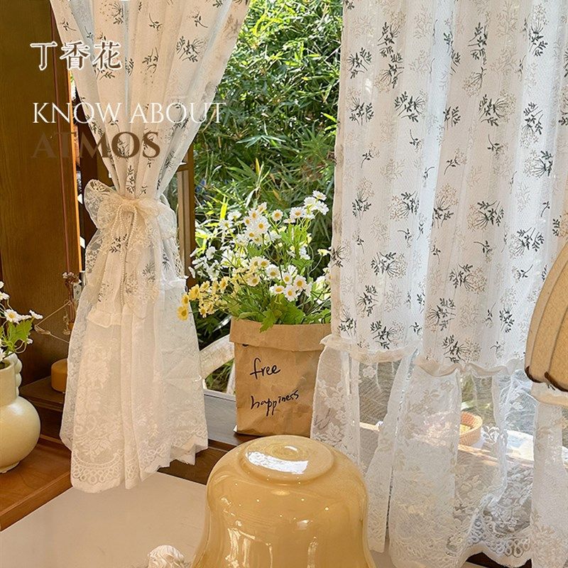 美式田园丁香花窗帘蕾丝半帘碎花厨房小窗户短款卧室飘窗装饰门帘