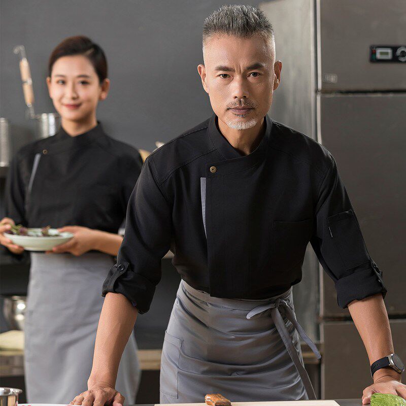 酒店高端厨师工作服长袖黑色饭y店西餐蛋糕烘焙厨房食堂秋冬装定