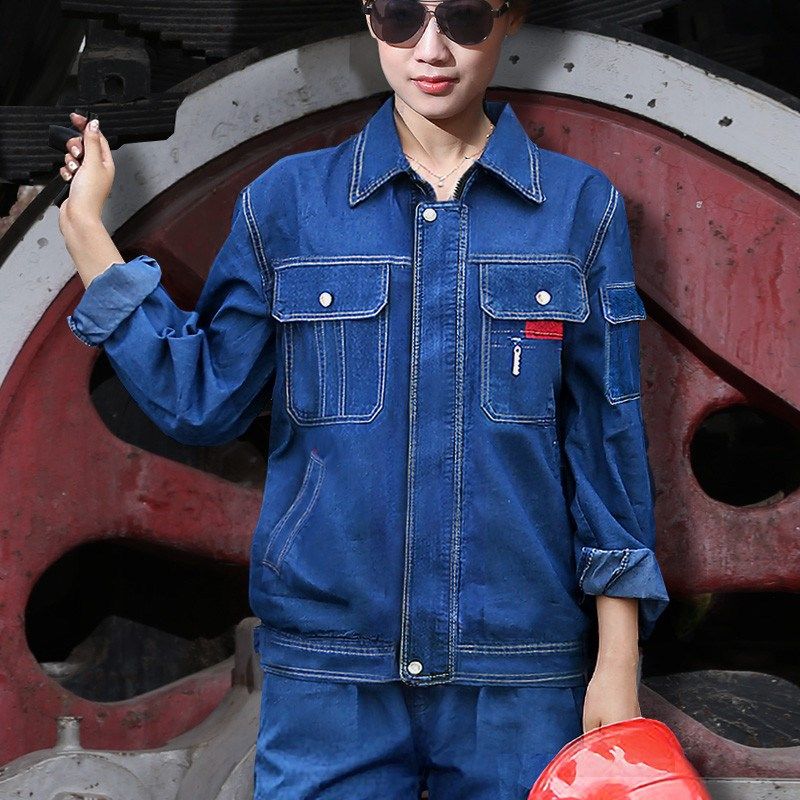牛仔工作服套装男夏季长袖劳保服薄款汽修服工地车间厂服定制
