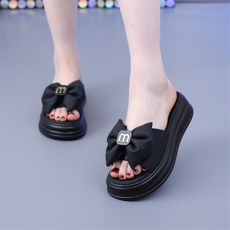 33-43软底拖鞋女外穿夏u厚底平底增高一字凉鞋2024新款蝴蝶结凉拖
