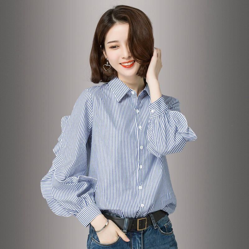 2024春c秋新款韩版棉质长袖条纹衬衫女设计感小众很仙的荷叶边衬
