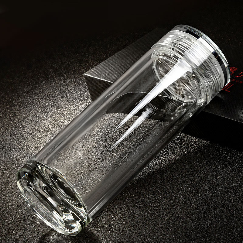 高档水晶双层玻璃杯男士女泡茶杯子隐藏过滤便携透明水杯照片刻字