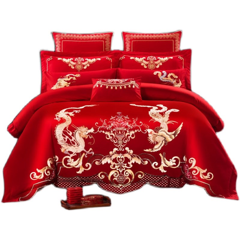 全棉婚庆四件套大红床单刺绣被套结婚房床上用品六件套
