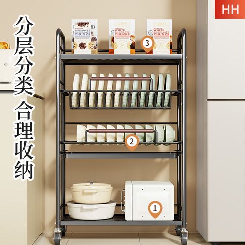 碗碟收纳架可移动抽拉碗架落地碗盘沥水架子抽屉式厨房锅具置物架