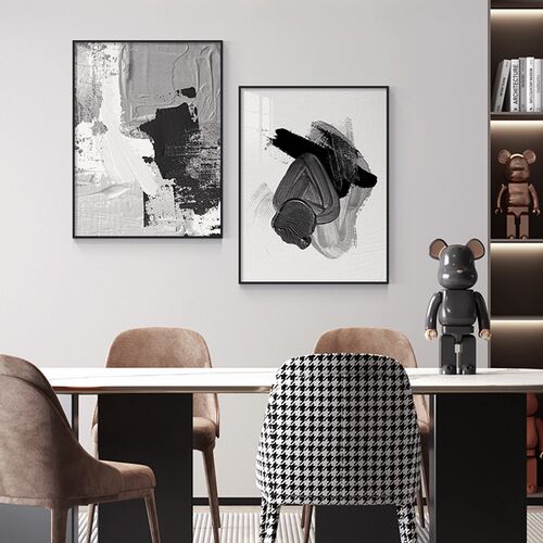 黑白抽象餐厅装饰画艺术肌理壁画高级感挂画简约现代饭厅客厅组合