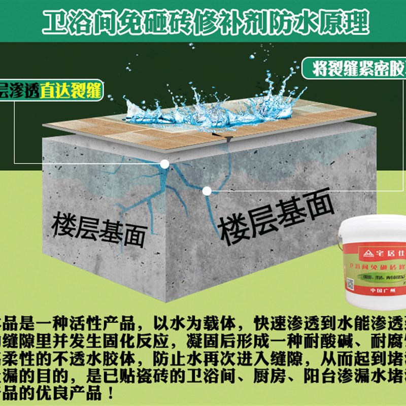 卫生间渗漏水不砸瓷砖浴室渗水免砸地板砖补漏胶堵漏王剂防水材料