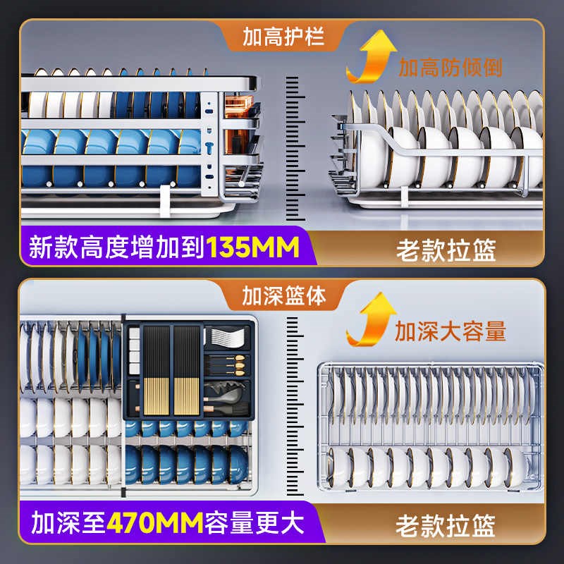 拉篮厨房橱柜304不锈钢双层抽屉式碗架碗碟篮碗柜厨柜碗篮超深柜