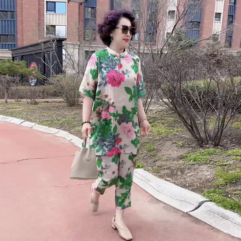 时尚妈妈休闲两件套夏季新款国风大花中长款大衫小脚裤时尚套装女